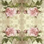 Vintage illustration of a soft pink rose with buds and green leaves on an antique beige botanical background