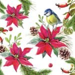 Decoupage Paper Napkins - Bird On Poinsettia White