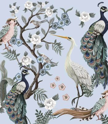 Decoupage Paper Napkins - Peacocks And Heron In Garden On Blue