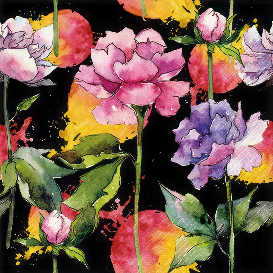 20-Servietten-Nora-Flower-black---Bunt-gemalte-Blumen-auf-schwarz-33x33cm_Produktnummer_-1454000_Hersteller_-PAW-topaz Buy Decoupage napkin Nora Black
