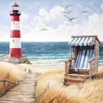 Decoupage paper napkin with peaceful beach walk seaside illustration