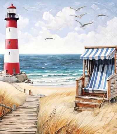 Decoupage paper napkin with peaceful beach walk seaside illustration