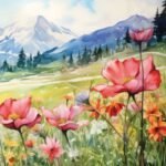 Decoupage paper napkin with blooming flower fields and nature landscape