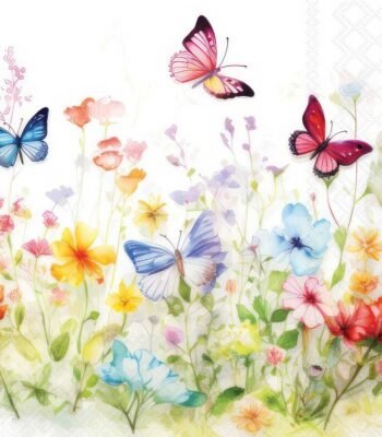 Decoupage paper napkin with butterflies flying over white floral field