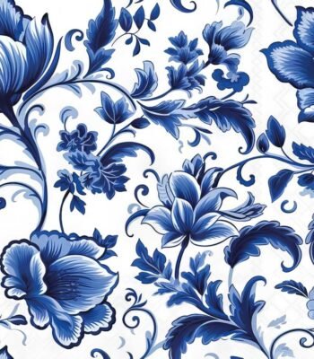 Decoupage paper napkin with Delft blue floral pattern in classic style
