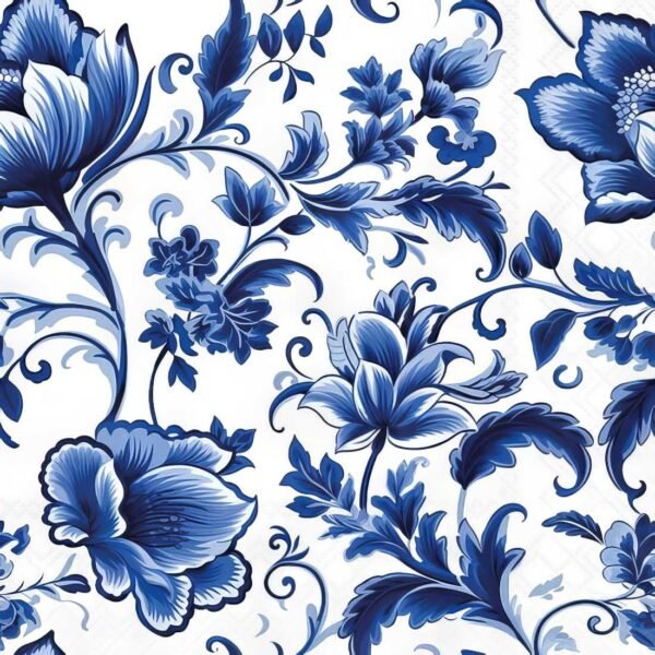 Decoupage paper napkin with Delft blue floral pattern in classic style
