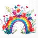Decoupage paper napkin with colorful rainbow and blooming floral design