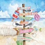 Decoupage paper napkin with seaside signboards and coastal beach theme