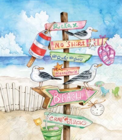 Decoupage paper napkin with seaside signboards and coastal beach theme