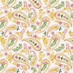Decoupage Tissue Paper Colorful yellow, pink and green paisley motifs with stylized leaves, vines and small floral details on white.