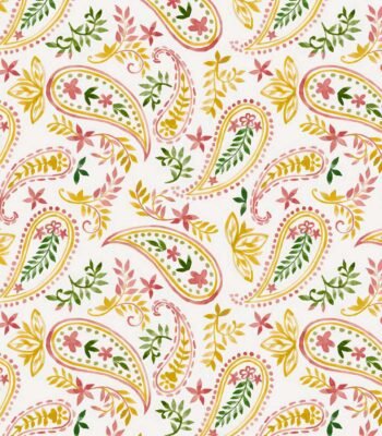 Decoupage Tissue Paper Colorful yellow, pink and green paisley motifs with stylized leaves, vines and small floral details on white.