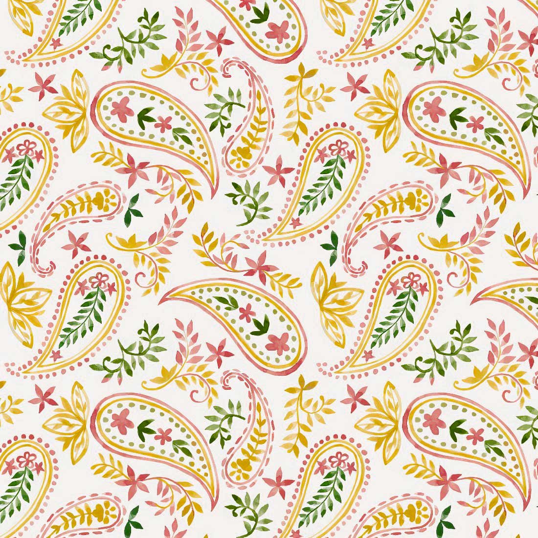 Golden-paisley_PD-211966_Paper+Design-topaz- Decoupage Tissue Paper Colorful yellow, pink and green paisley motifs with stylized leaves, vines and small floral details on white.