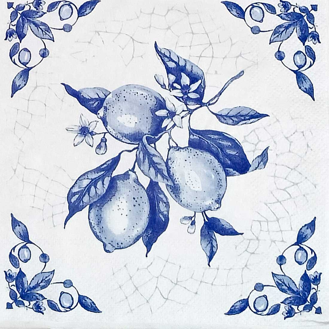 LEMON-ON-TILE-white-blue_L1035294_IHR-Ideal-Home-Range-topaz-Folded Decoupage Paper Napkins - Lemon On Tile White Blue - Image 1