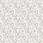 Pink flowering branches with green leaves, purple songbirds and butterflies in a delicate watercolor pattern.